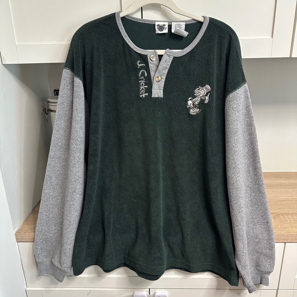 VTG 90s Disney Catalog Fleece Henley Unisex L Jiminy Cricket Colorblock Pullover